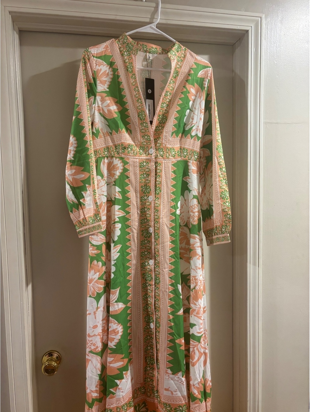 NWT Boho Floral Button Front Maxi Dress Green Peach Long Sleeve Small - Picture 1 of 7